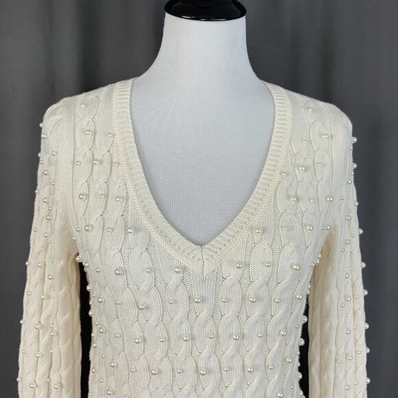 Boston Proper Sweater White/Cream V Neck Cable Knit Pearl Embellished Size M - Picture 7 of 16